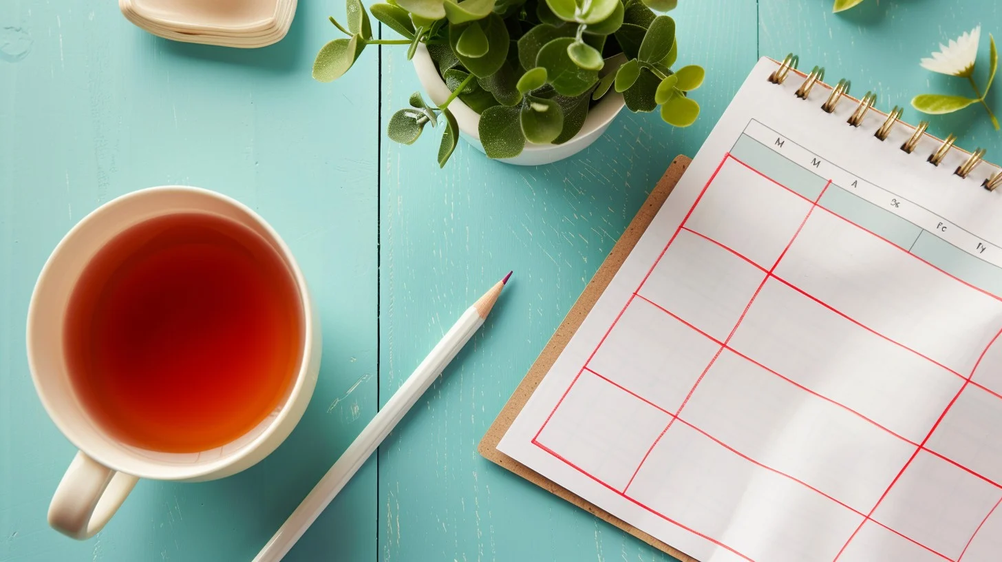 A minimalist daily planner open on a desk with natural light, a cup of tea and a pencil, representing structured time planning for daily habits